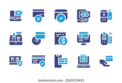 Payment icon set. Duotone color. Vector illustration. Containing error, contactless, check, receipt, cash register, payment method, terminal, online, laptop, credit card.