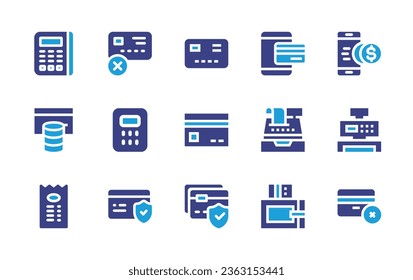Symbol-Set für die Zahlung. Duotonfarbe. Vektorgrafik. Keine Kreditkarte, Kreditkarte, Terminal, Kreditkarte, Zahlung, sicher, Pos-Terminal, Wechselgeld, Bargeld-Register, Geldbörse.