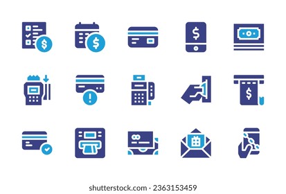 Payment icon set. Duotone color. Vector illustration. Containing point of service, credit card, error, pos terminal, parking card, money, insert coin, invoice, gift, blockchain, schedule.