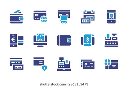 Symbol-Set für die Zahlung. Duotonfarbe. Vektorgrafik. Enthält E-Commerce, Abonnement-Geschäftsmodell, Online-Zahlung, Brieftasche, Kreditkarte, Zahlung, sichere Zahlung, Bargeld, Rechnung, Geschenkkarte