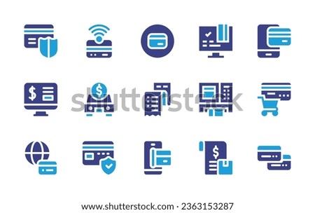 Payment icon set. Duotone color. Vector illustration. Containing credit card, credit cards, computer, car, payment, secure payment, ticket, mobile payment, atm, bill.