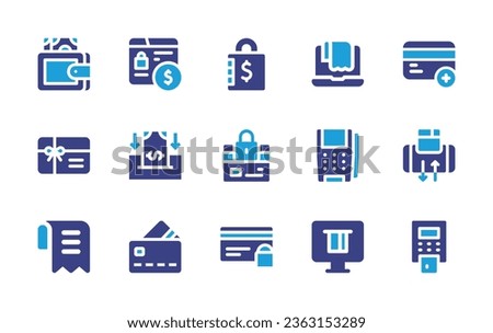 Payment icon set. Duotone color. Vector illustration. Containing invoice, credit card, smartphone, dataphone, monitor, card, security card, gift card, deposit, online payment, payment, internet.