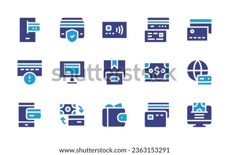 Payment icon set. Duotone color. Vector illustration. Containing online payment, secure, contactless, credit card, payment, method, card, cash on delivery, cash, wallet.