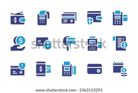 Payment icon set. Duotone color. Vector illustration. Containing transaction history, wallet, payment terminal, loan, secure payment, pos terminal, credit card, check, calendar, payment method, card.