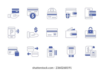 Juego de iconos de pago. Curso de línea de estilo duotónico y negrita. Ilustración vectorial. Con tarjeta de crédito, seguro, cartera, smartphone, pago, pago seguro, dataphone, impuestos.