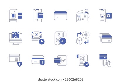 Juego de iconos de pago. Curso de línea de estilo duotónico y negrita. Ilustración vectorial. Con tarjeta de crédito, tarjeta de crédito, pago, cambio, online, factura, pago seguro.