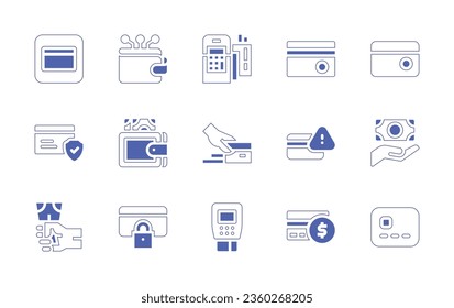 Juego de iconos de pago. Curso de línea de estilo duotónico y negrita. Ilustración vectorial. Con tarjeta de crédito, billetera, efectivo, dataphone, pago, ingresos.