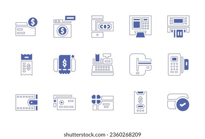 Payment icon set. Duotone style line stroke and bold. Vector illustration. Containing credit card, browser, phone, atm, credit card, terminal, online, payment check, bill.