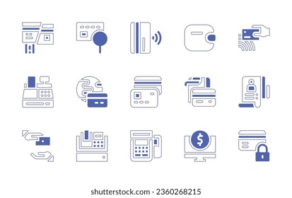 Payment icon set. Duotone style line stroke and bold. Vector illustration. Containing wallet, contactless, broken, fraud, credit card, report, trade, cash register, money, point of service.