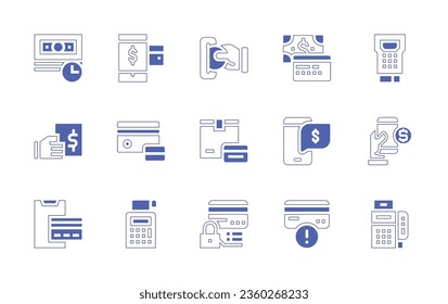 Payment icon set. Duotone style line stroke and bold. Vector illustration. Containing payment, online payment, payment method, insert, fuel, pos terminal, lock, error, smartphone, dataphone.