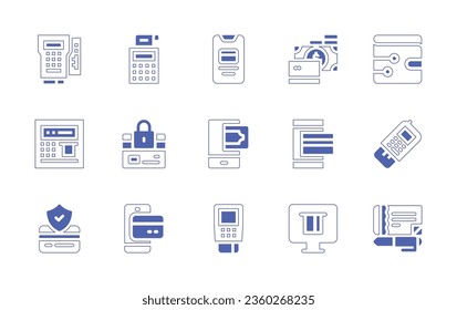 Juego de iconos de pago. Curso de línea de estilo duotónico y negrita. Ilustración vectorial. Conteniendo pago, método, online, post terminal, dataphone, billetera digital, atm, tarjeta, seguro.