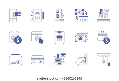 Payment icon set. Duotone style line stroke and bold. Vector illustration. Containing mobile payment, payment method, pay, exchange, cash register, schedule, website, credit card, pos terminal.