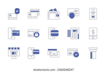 Juego de iconos de pago. Curso de línea de estilo duotónico y negrita. Ilustración vectorial. Conteniendo móvil, protección, pago en línea, pago seguro, tarjeta, cartera, protección, tarjeta de crédito.