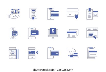 Juego de iconos de pago. Curso de línea de estilo duotónico y negrita. Ilustración vectorial. Con pago móvil, seguridad, dinero, atm, punto de venta, pago, método, online, tarjeta de crédito.