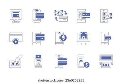 Symbol-Set für die Zahlung. Duotone Stil Linie Strich und fett. Vektorgrafik. Einschließlich Zahlung, online, mobil, Barzahlung.