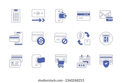 Symbol-Set für die Zahlung. Duotone Stil Linie Strich und fett. Vektorgrafik. Enthält elektronische Brieftasche, Karte, Online-Zahlung, Zahlung, Kreditkarte, Cashflow, E-Commerce, Abonnement-Geschäftsmodell.