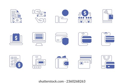 Payment icon set. Duotone style line stroke and bold. Vector illustration. Containing payment, online, secure, credit card, cashless, payment survey, wallet.