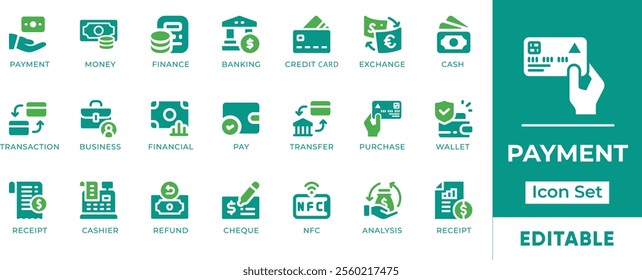 Payment Icon Set. Features editable icons for payment, finance, banking, money, transaction, cash, and more. Perfect for financial websites, e-commerce platforms, and payment processing businesses.