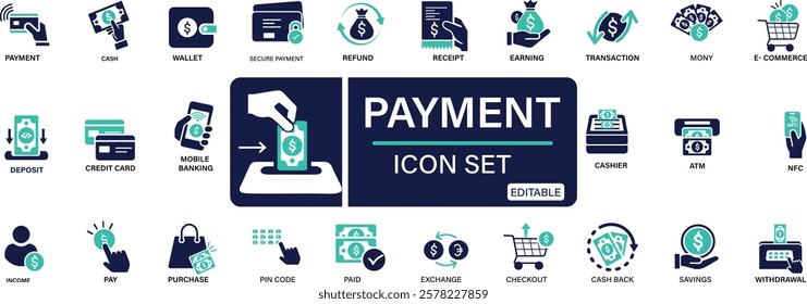 Payment icon set finance payment collection with money, banking, credit card, exchange You can easily change the color