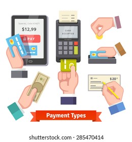 Payment icon set. Human hands holding credit cards, cash, coin, writing check, paying with POS. Flat style vector.