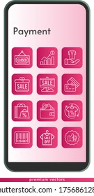 payment icon set. included gift, profits, shopping bag, sale, shirt, wallet, like, closed, jacket, credit card, barcode icons on phone design background . linear styles.