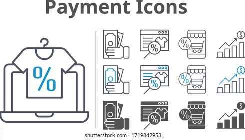 conjunto de iconos de pago incluidos tienda en línea, beneficios, iconos de dinero