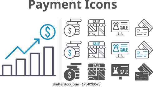 payment icon set included profits, online shop, shop, money, credit card icons