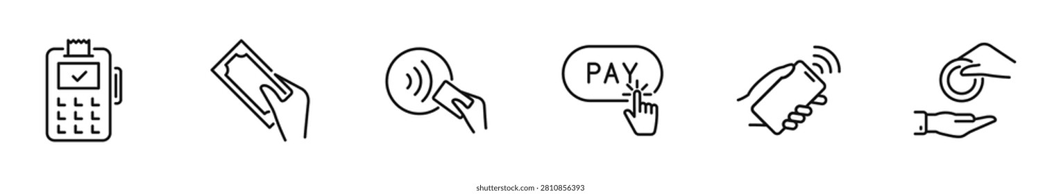 Payment icon set. Payment method icons in line style. Editable web icons pay, banking, nfc payment, terminal, credit card, digital wallets, QR code transaction. Vector illustration.
