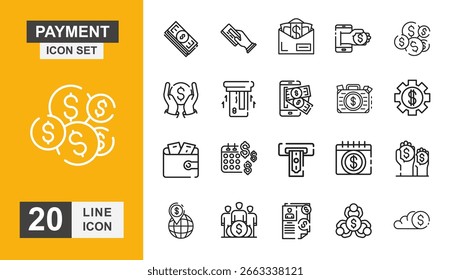 Conjunto de iconos de pago. Dinero, dólar, compra, venta, transferencia y más icono de línea.
