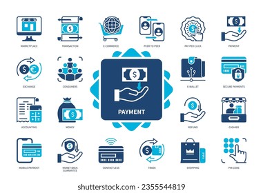 Payment icon set. Money, E-Wallet, Transaction, Refund, Exchange, Pay per Click, Accounting, Secure Payments. Duotone color solid icons