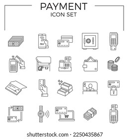 Payment icon set of money and payment methods thin line icons. Contains icons as pay online, bank check, mobile wallet, mobile payment, credit card and more.