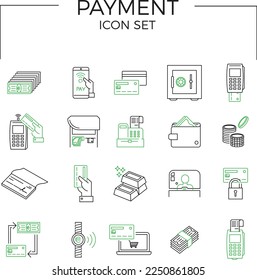 Payment icon set of money and payment methods thin line icons. Contains icons as pay online, bank check, mobile wallet, mobile payment, credit card and more. Two-colored.