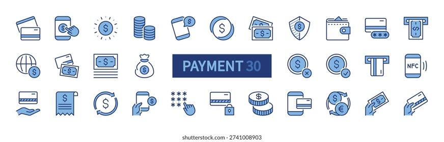 Payment icon set. Paying line blue icons. Dollar bill, credit card, ATM withdrawal, mobile bank, etc. sign. Money, finance concept. Vector illustration. Flat design. Isolated on a white background.