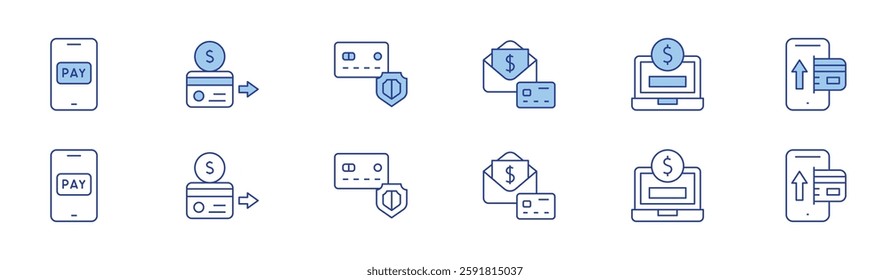 Payment icon set in two styles, Duotone and Thin Line style. Editable stroke. invoice, password, pay, payment, phone, secure payment.