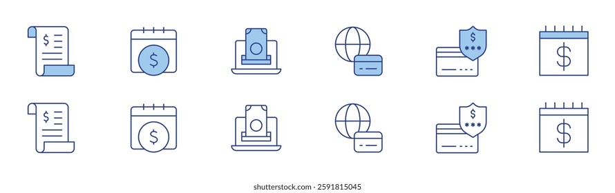 Payment icon set in two styles, Duotone and Thin Line style. Editable stroke. invoice, money, online payment, payment, payment security, salary.
