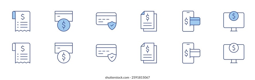 Payment icon set in two styles, Duotone and Thin Line style. Editable stroke. bill, card payment, file, mobile payment, online money, online payment.