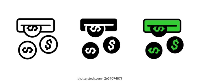Payment icon. Three dollar coins being dispensed from an ATM or cash terminal vector. Represents money transaction, banking or withdrawal process symbol. Currency and finance concept sign.