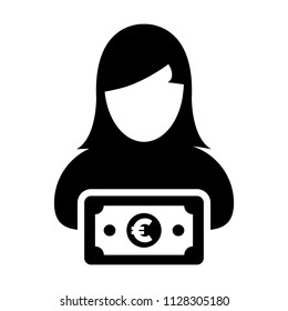 Payment icon vector female user person profile avatar with Euro sign currency money symbol for banking and finance business in flat color glyph pictogram illustration