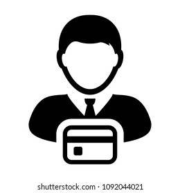 Payment icon vector male user person profile avatar symbol with credit card for banking and finance concept 
in flat color glyph pictogram illustration