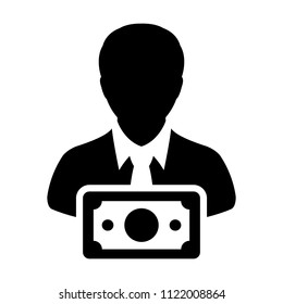 Payment icon vector male user person profile avatar with money symbol in flat color glyph pictogram illustration