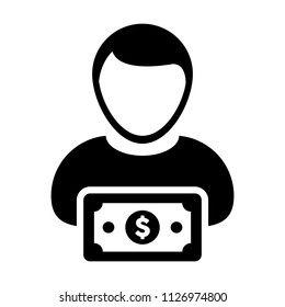 Payment icon vector male user person profile avatar with dollar sign currency money symbol for banking and finance business in flat color glyph pictogram illustration