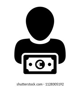 Payment icon vector male user person profile avatar with Euro sign currency money symbol for banking and finance business in flat color glyph pictogram illustration