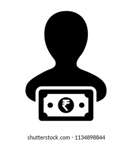 Payment icon vector male user person profile avatar with Rupee sign currency money symbol for banking and finance business in flat color glyph pictogram illustration