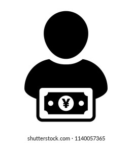Payment icon vector male user person profile avatar with Yen sign currency money symbol for banking and finance business in flat color glyph pictogram illustration