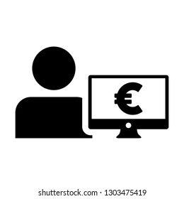Payment icon vector male user person profile avatar with computer monitor and euro sign currency money symbol for banking and finance business in flat color glyph pictogram illustration