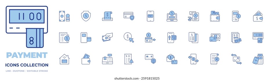 Payment icons collection. Line Duotone style, editable stroke. bill, cashier, contactless, credit card, invoice, mobile phone, money, online payment, paid, pay.