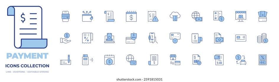 Payment icons collection. Line Duotone style, editable stroke. bank, bill, calculator, car sharing, cloud banking, coins, contactless, credit card, edc, ewallet.