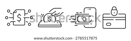 Payment icons depicting transaction actions on white background. Editable stroke