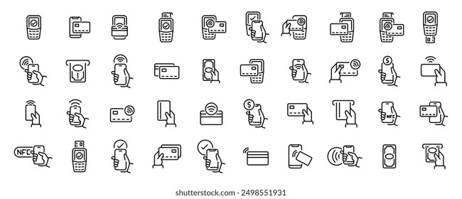 Payment icons. Money transfer. Online payment. Payment options. Payment linear icon set. Credit card,terminal,smartphone, cash money. Pay with Phone