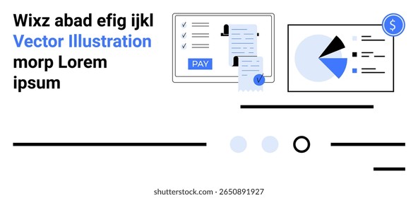 Payment icons, pie charts, and text elements combine in a seamless, minimalistic layout. Ideal for fintech, business analytics, financial reports, digital payments, investment strategies, data